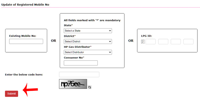 HP Gas Mobile Number Update Step 2