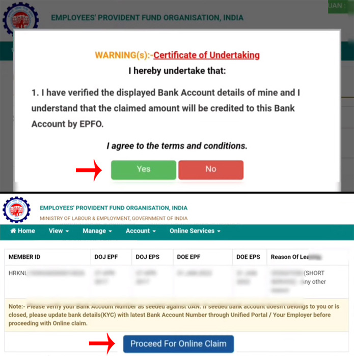 PF Online Withdrawal Process Step 5 sub-step 2