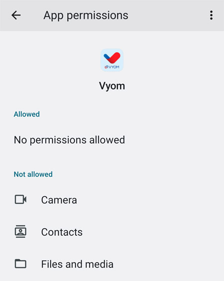 Vyom App ki Permissions Check Kare