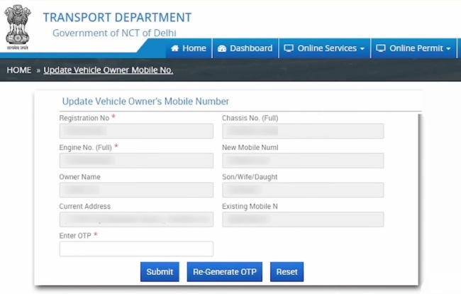 Delhi RC Me Mobile Number Kaise Change Kare Step 9